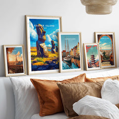 Easter Island Wall Art collection displayed on a cozy bed with decorative pillows, showcasing unique designs.