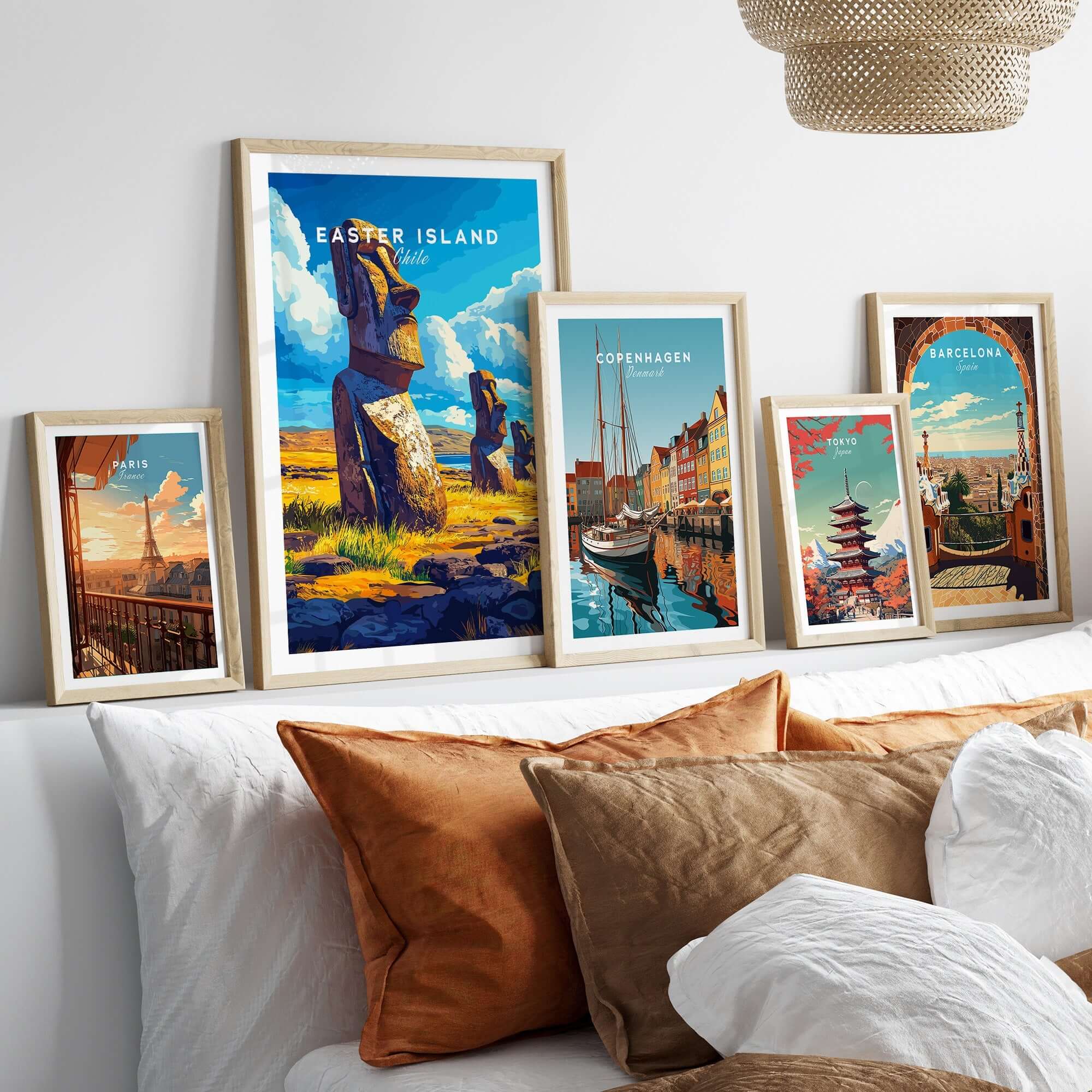 Easter Island Wall Art collection displayed on a cozy bed with decorative pillows, showcasing unique designs.