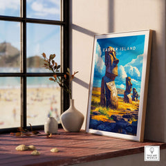 Easter Island Wall Art framed print displayed on a wooden shelf with a view of the beach outside.