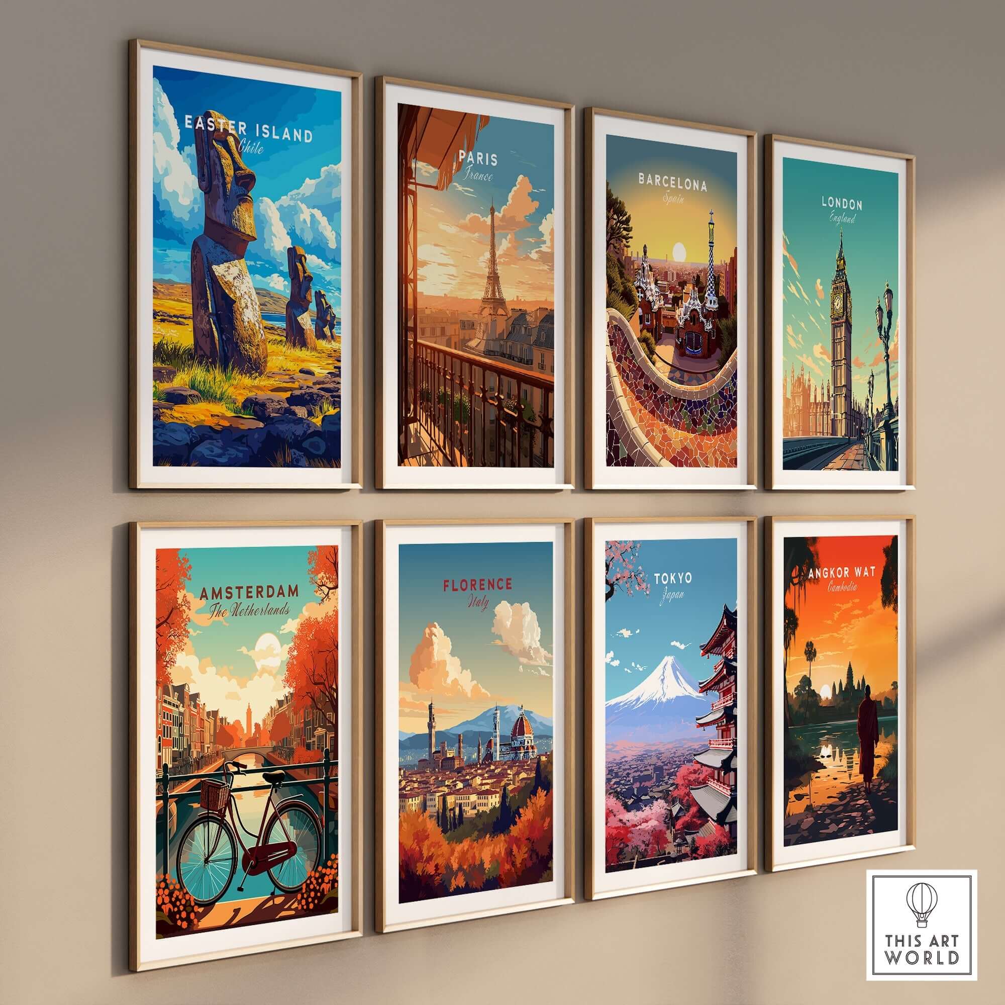 Easter Island Wall Art featuring Moai statues among global destinations in a stylish gallery wall arrangement.