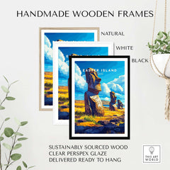 Handmade wooden frames for Easter Island Wall Art in natural, white, and black finishes, ready to hang.