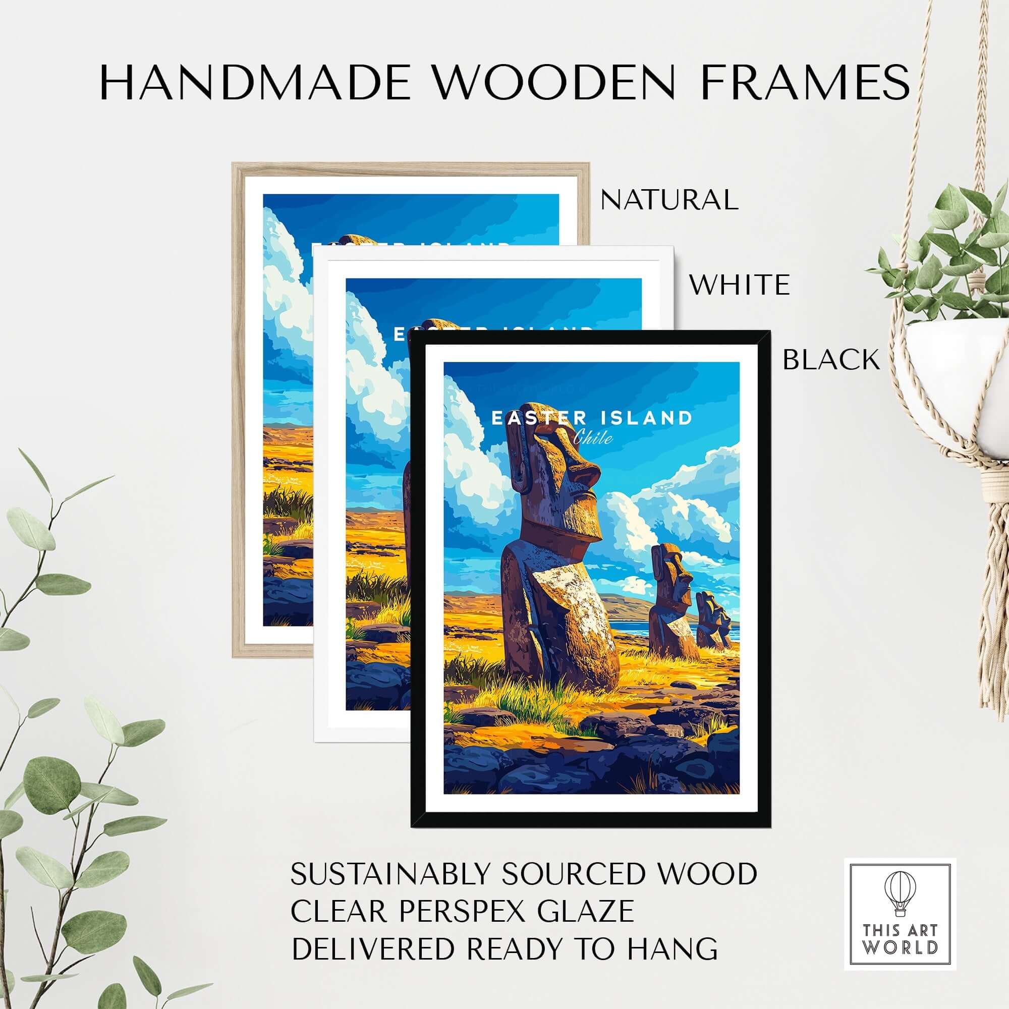 Handmade wooden frames for Easter Island Wall Art in natural, white, and black finishes, ready to hang.