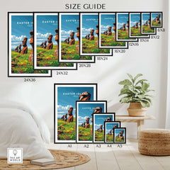 Easter Island Wall Art Poster size guide showcasing various dimensions and framing options for home decor.