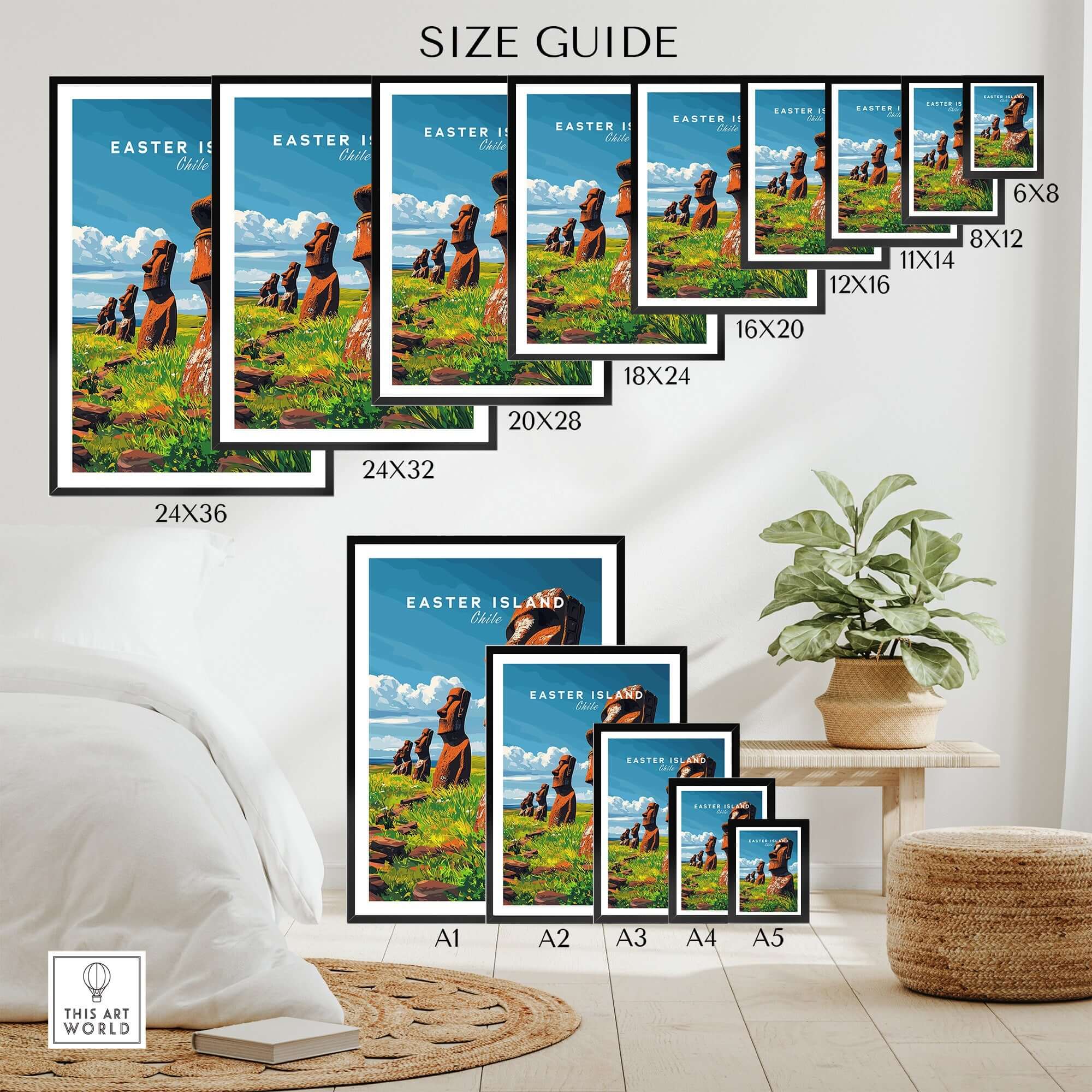 Easter Island Wall Art Poster size guide showcasing various dimensions and framing options for home decor.