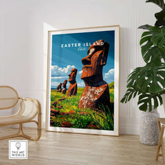 Easter Island Wall Art Poster featuring vibrant colors and iconic statues of Easter Island in a stylish home setting.
