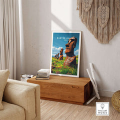 Easter Island Wall Art Poster showcasing iconic statues in vibrant colors, perfect for home decor.