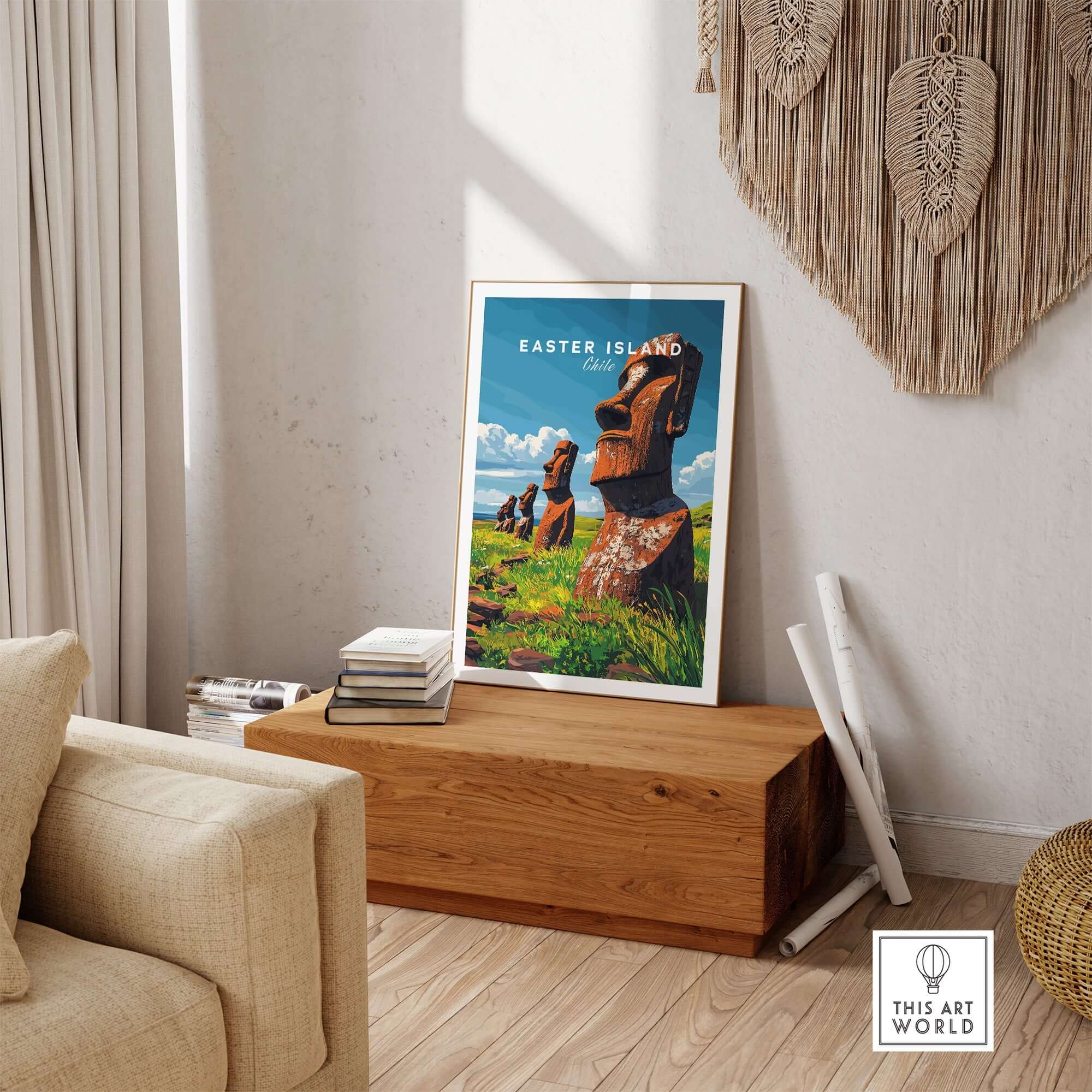 Easter Island Wall Art Poster showcasing iconic statues in vibrant colors, perfect for home decor.