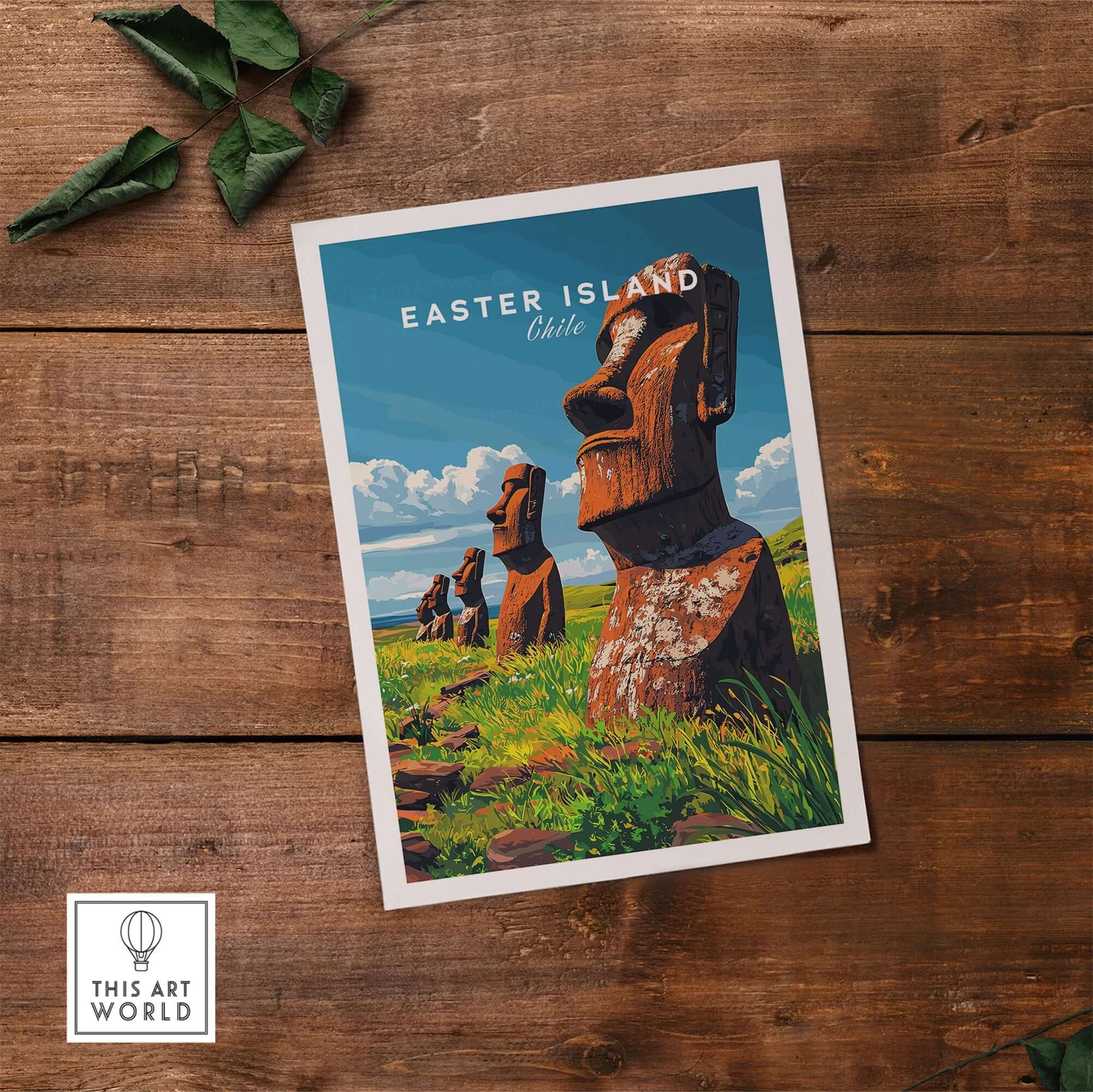 Easter Island Wall Art Poster featuring iconic statues in vibrant colors and intricate details on a wooden table.