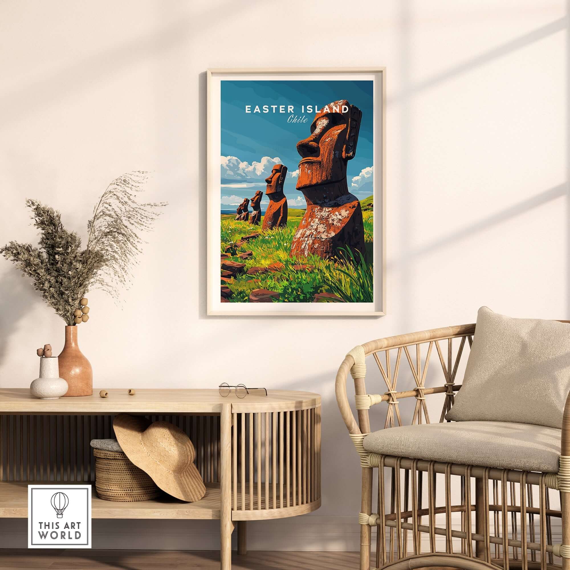 Easter Island Wall Art Poster displayed in a stylish living room with intricate details and vibrant colors.