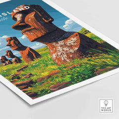 Easter Island Wall Art Poster featuring vibrant Moai statues and lush greenery, perfect for unique home decor.