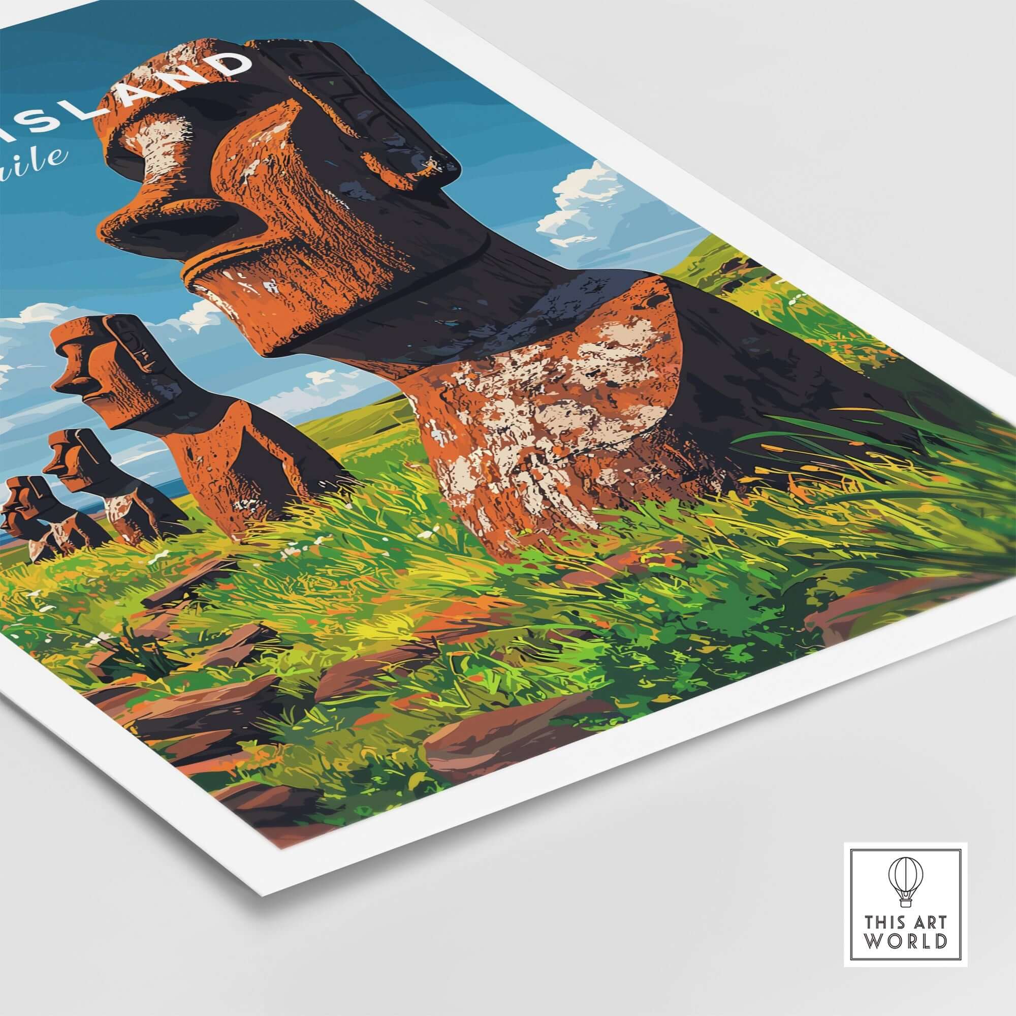 Easter Island Wall Art Poster featuring vibrant Moai statues and lush greenery, perfect for unique home decor.