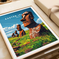 Easter Island Wall Art Poster featuring iconic statues and vibrant colors, perfect for home decor.