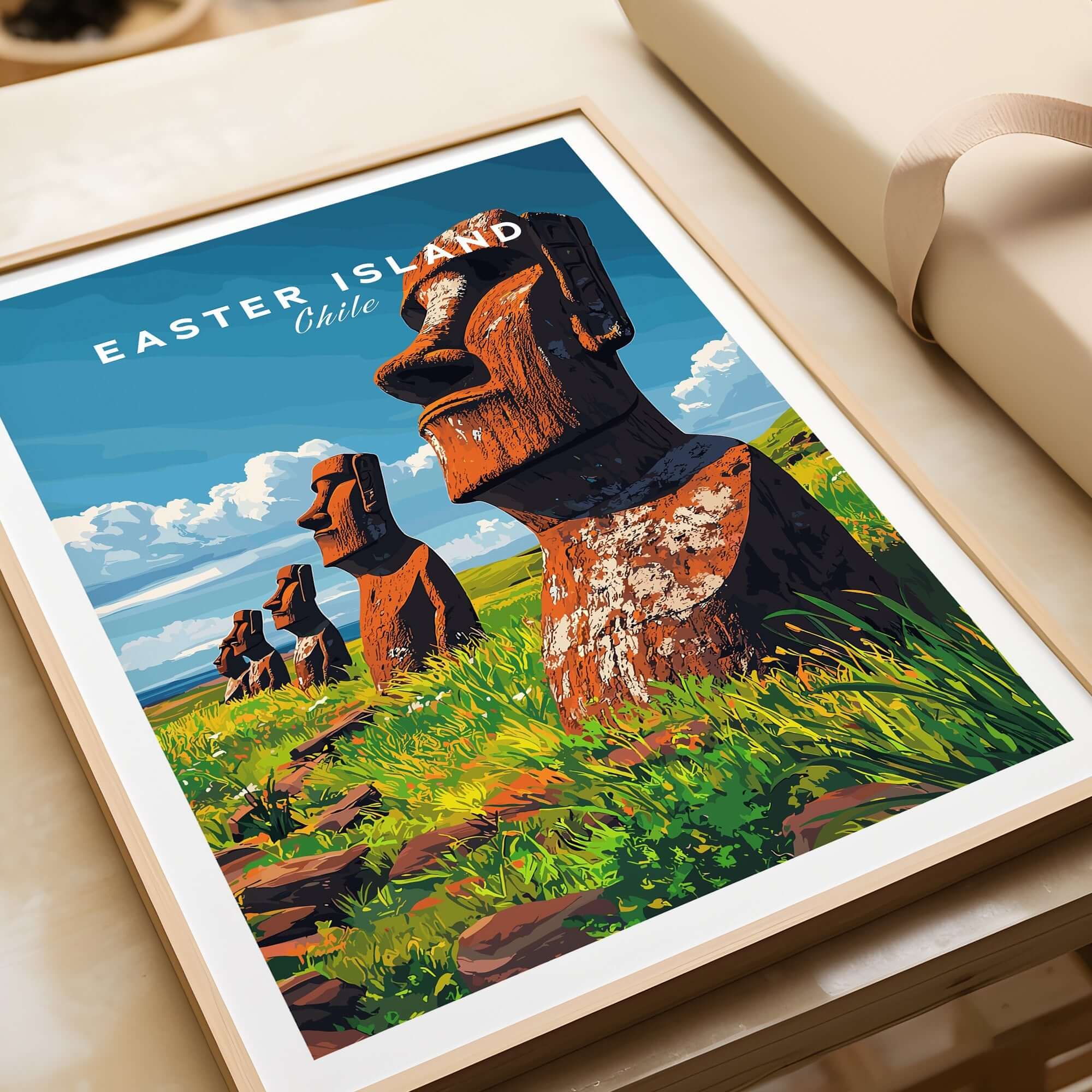 Easter Island Wall Art Poster featuring iconic statues and vibrant colors, perfect for home decor.