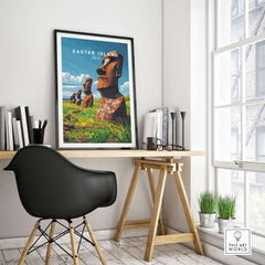 Easter Island Wall Art Poster showcasing iconic statues in a stylish interior setting with vibrant colors.