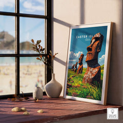 Easter Island Wall Art Poster featuring iconic statues and vibrant colors, perfect for home decor and interior design.