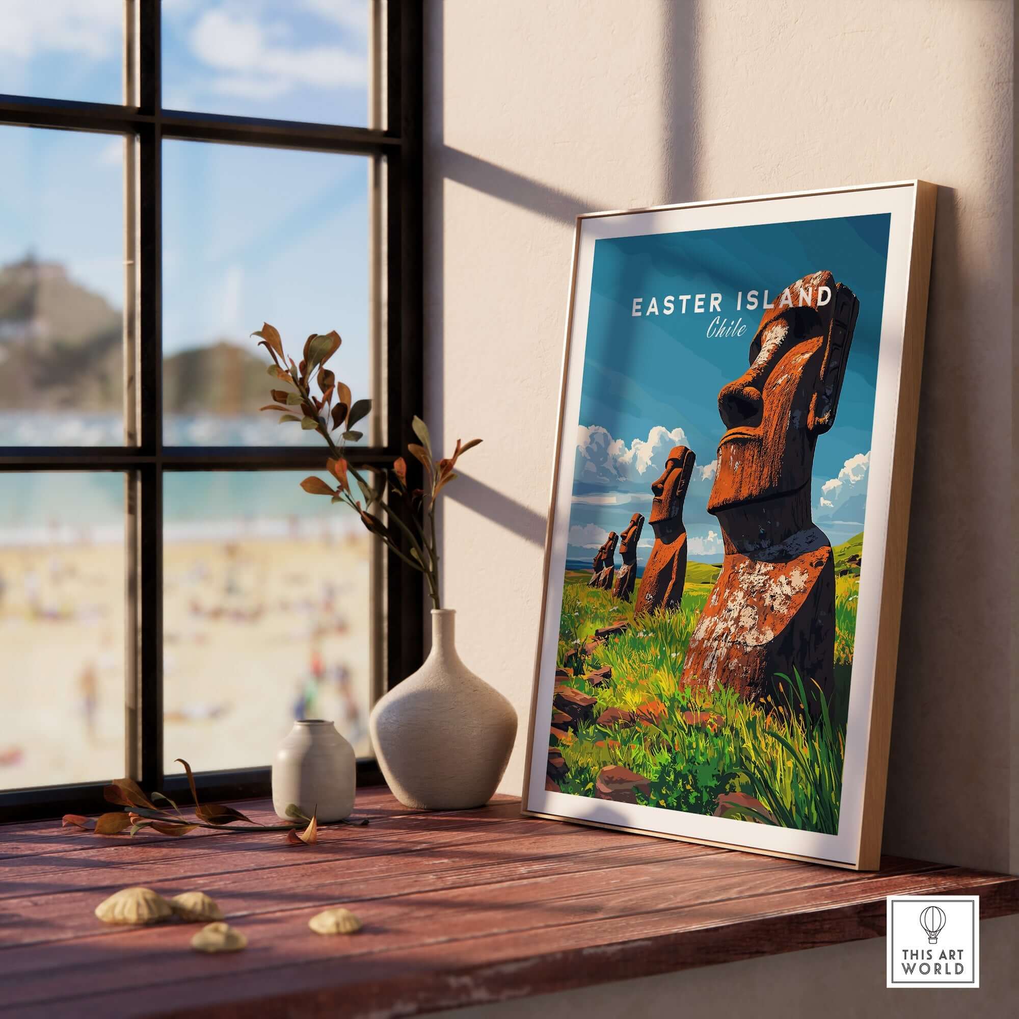 Easter Island Wall Art Poster featuring iconic statues and vibrant colors, perfect for home decor and interior design.