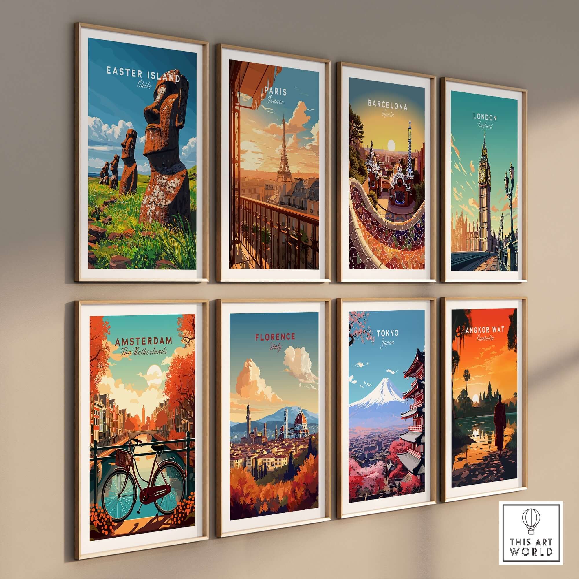 Easter Island Wall Art Poster showcasing vibrant art prints from iconic cities including Easter Island, Paris, and Tokyo.