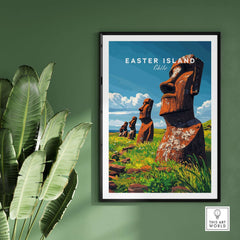 Easter Island Wall Art Poster featuring iconic statues against a vibrant sky and green landscape.