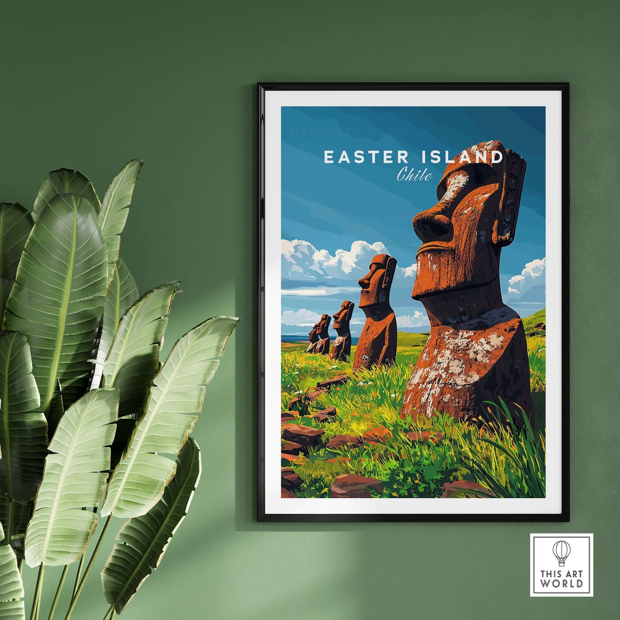 Easter Island Wall Art Poster featuring iconic statues against a vibrant sky and green landscape.
