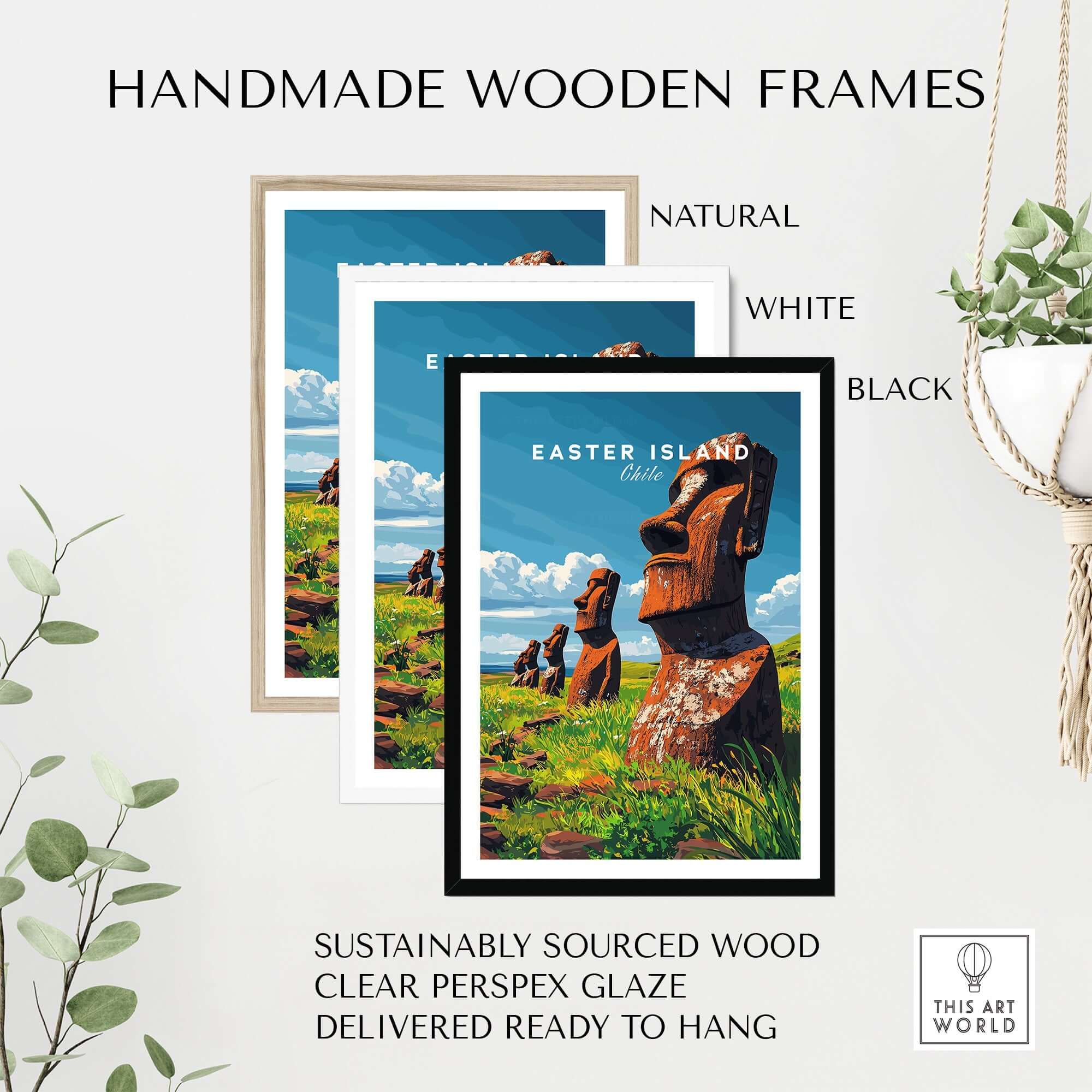 Easter Island Wall Art Poster in handmade wooden frames, showcasing natural, white, and black styles.