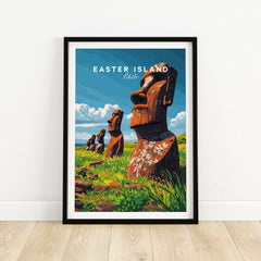 Easter Island Wall Art Poster showcasing iconic Moai statues in vibrant colors and intricate details.