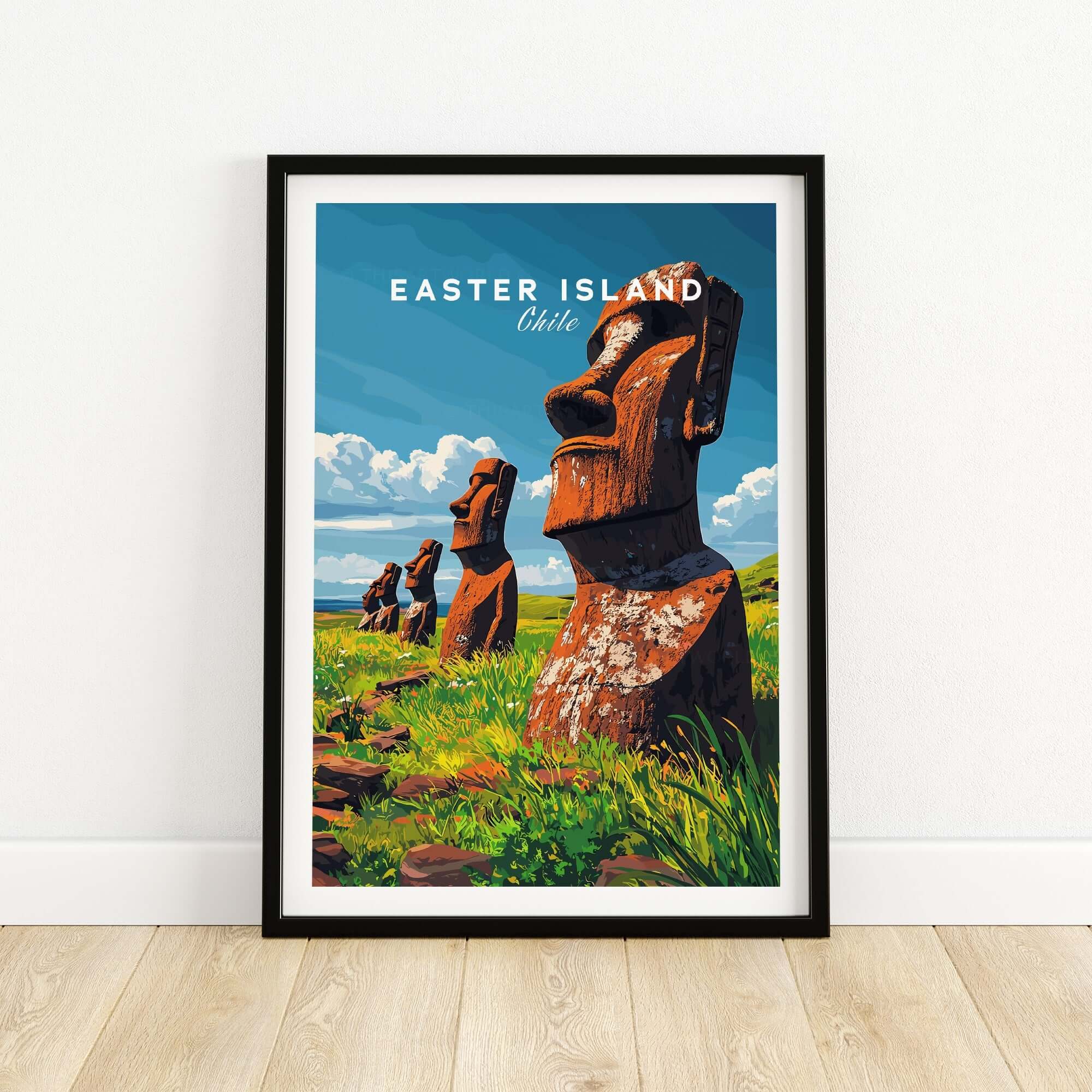 Easter Island Wall Art Poster showcasing iconic Moai statues in vibrant colors and intricate details.