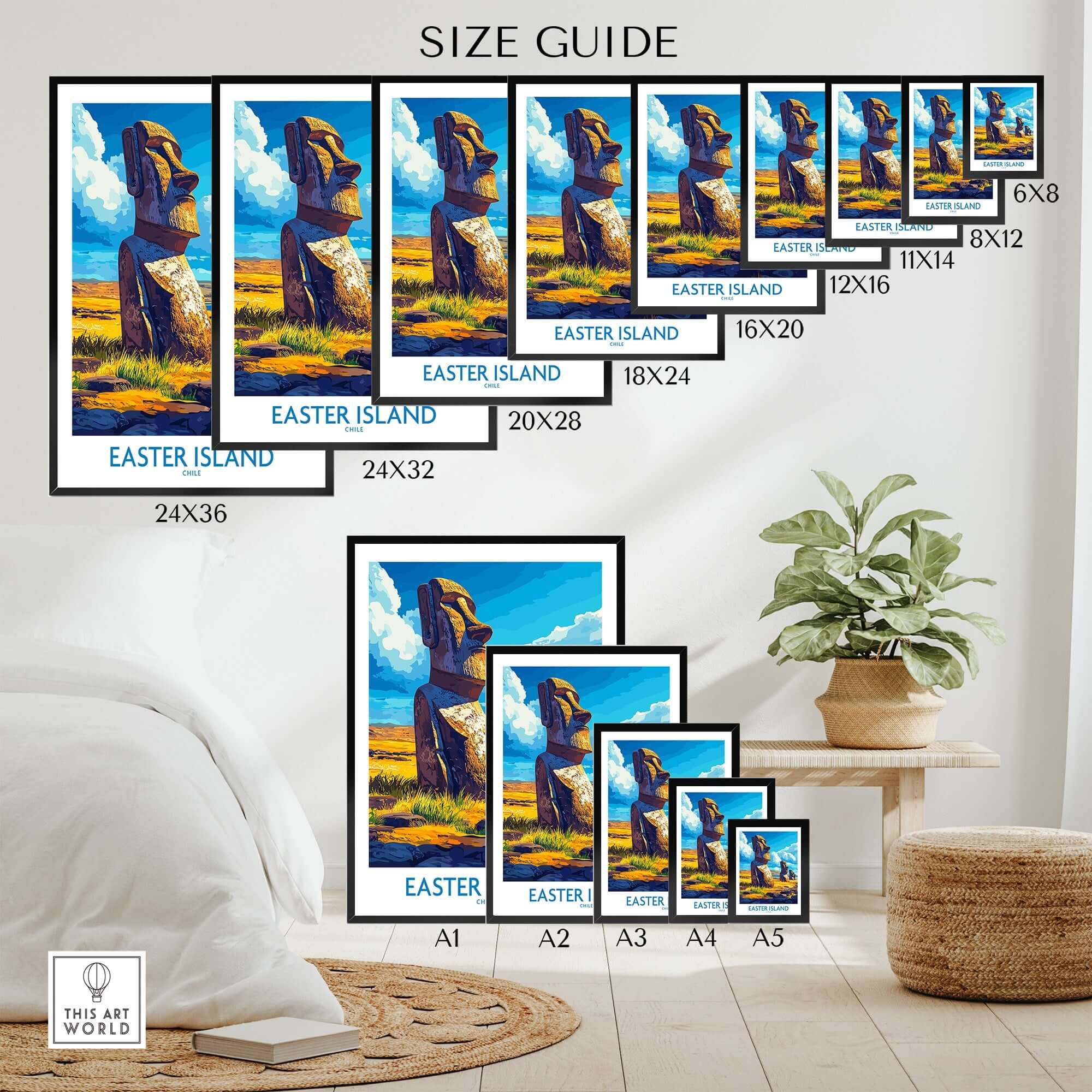 Easter Island Wall Art Print size guide showcasing various dimensions and configurations.