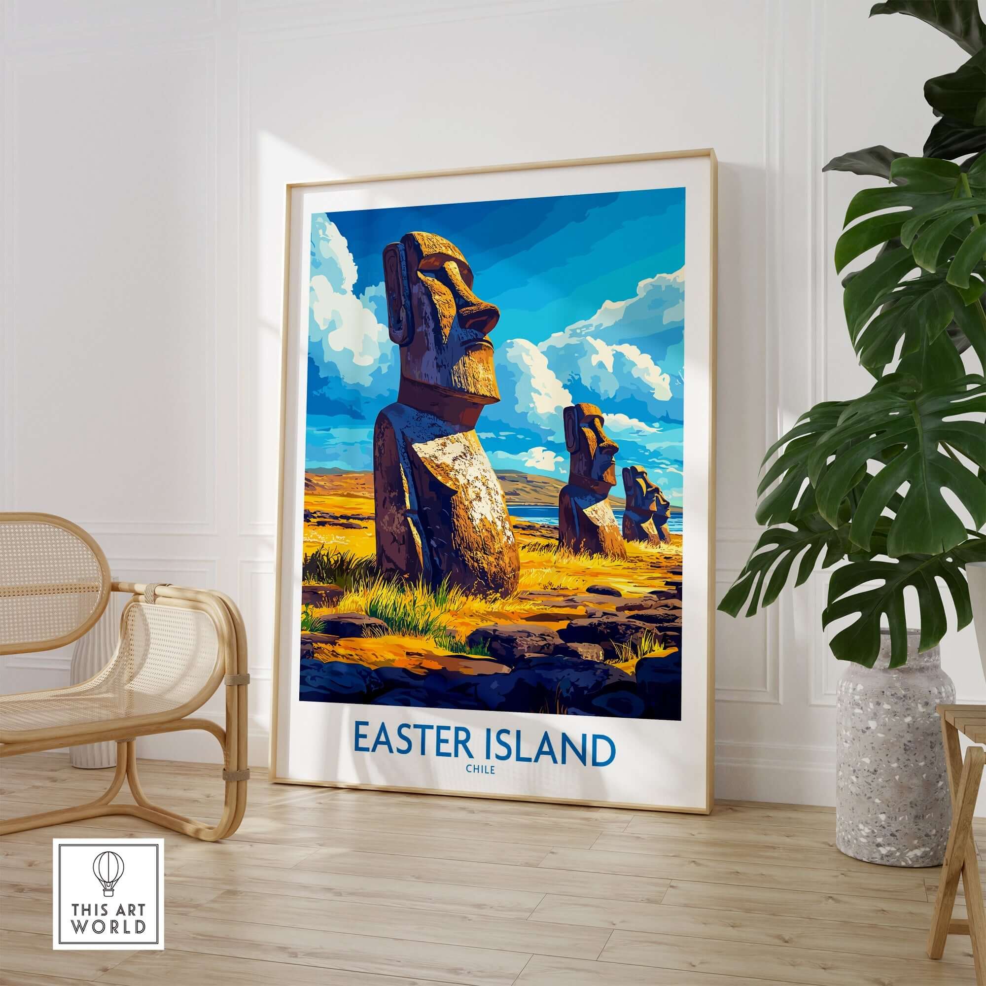 Easter Island Wall Art Print showcasing iconic statues in colorful design, perfect for home decor.