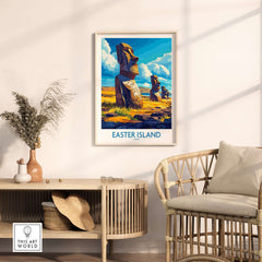 Easter Island Wall Art Print featuring iconic statues in a stylish interior setting.