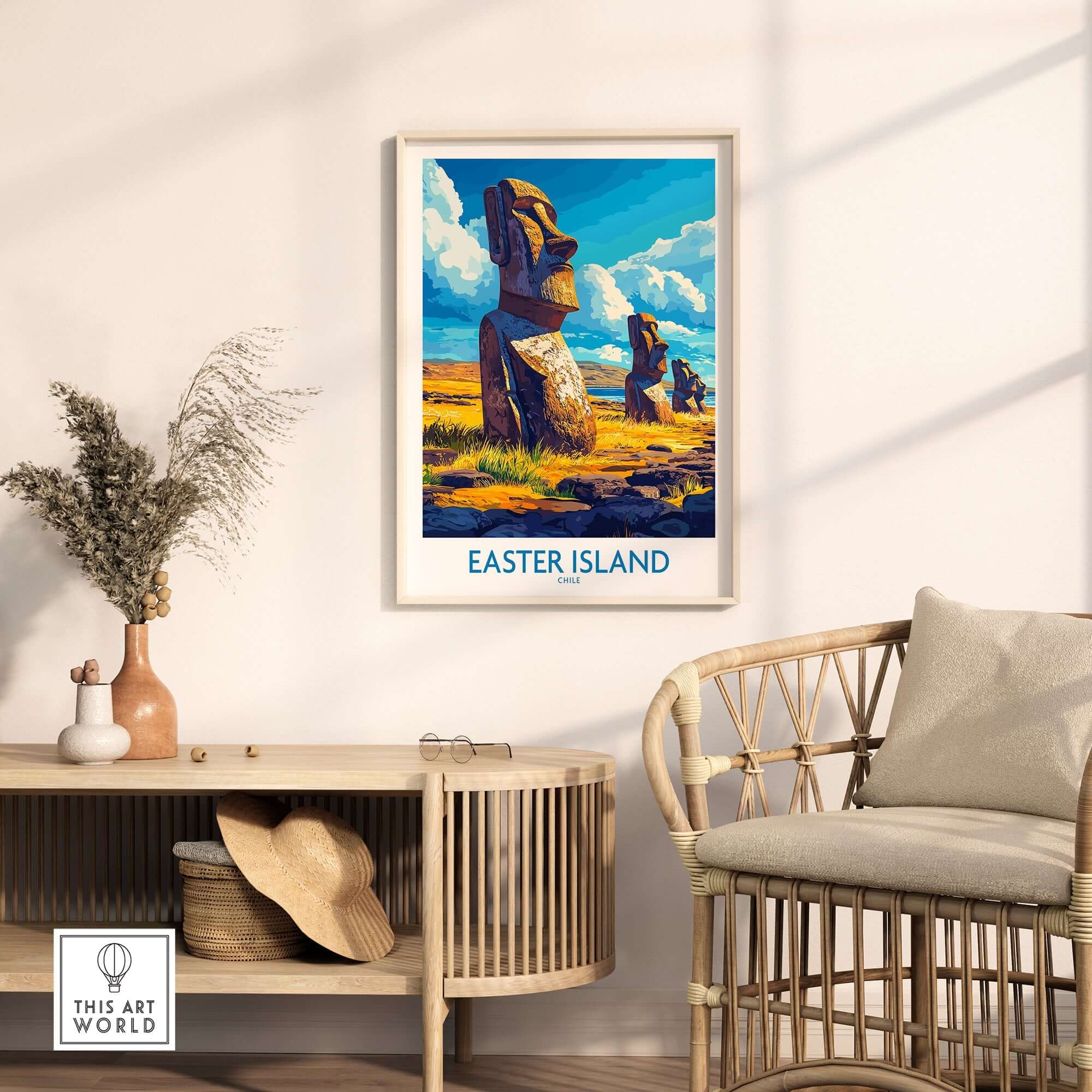 Easter Island Wall Art Print featuring iconic statues in a stylish interior setting.