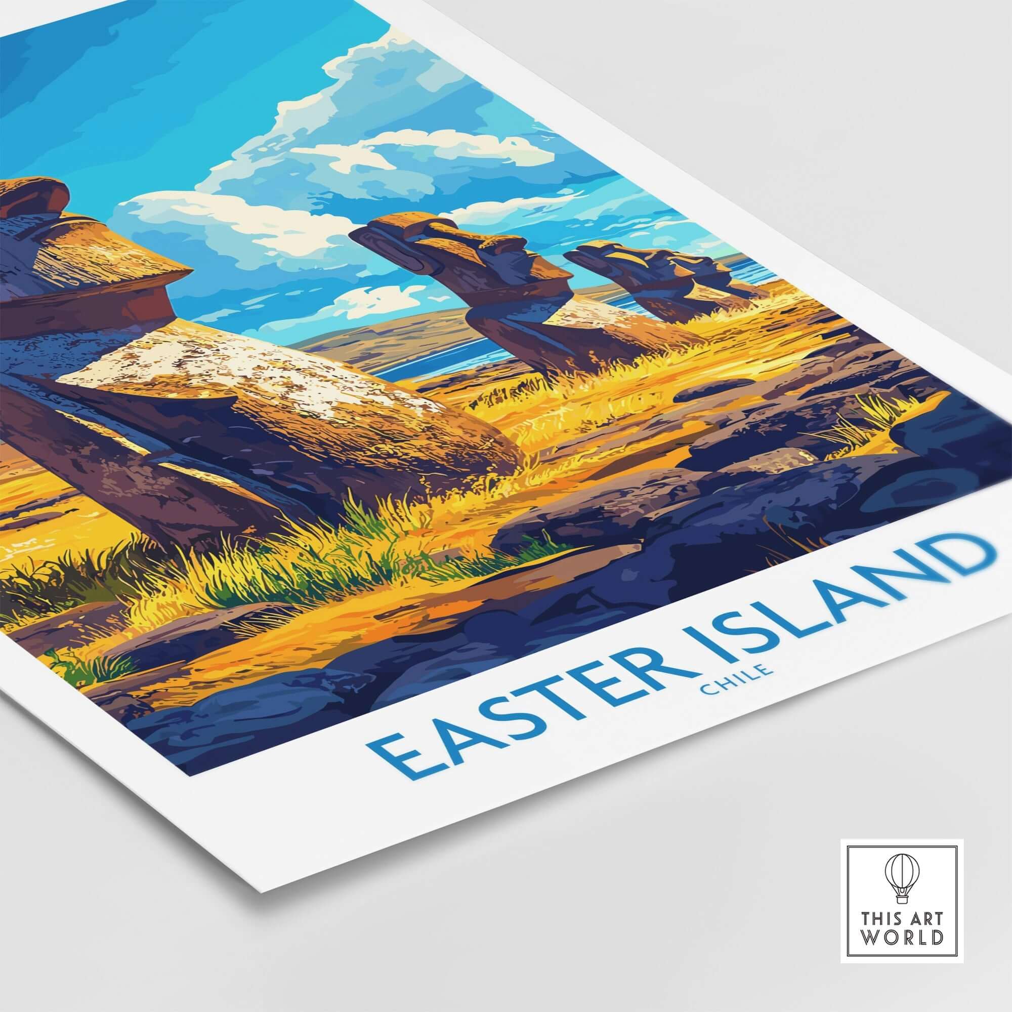 Easter Island Wall Art Print featuring iconic statues with vibrant colors and stunning landscapes.