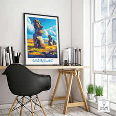Easter Island Wall Art Print displayed in a modern home office with statues in the background.
