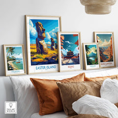 Easter Island Wall Art Print displayed among other travel-themed wall art prints on a cozy sofa.