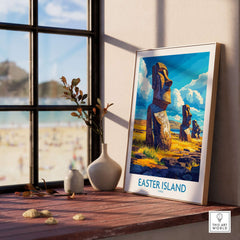 Easter Island Wall Art Print displayed by a sunlit window with beach view, featuring iconic Moai statues.