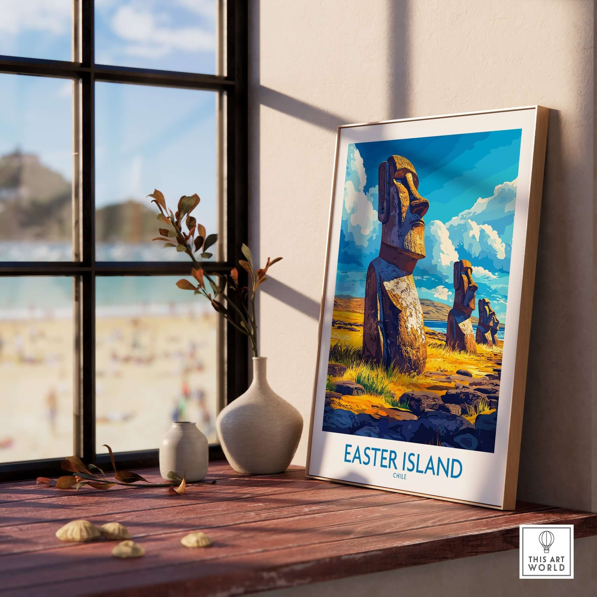 Easter Island Wall Art Print displayed by a sunlit window with beach view, featuring iconic Moai statues.