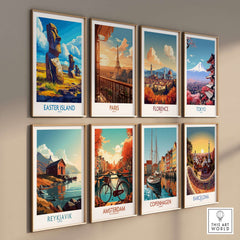 Easter Island Wall Art Print featuring iconic statues among various travel-themed art prints on a wall.