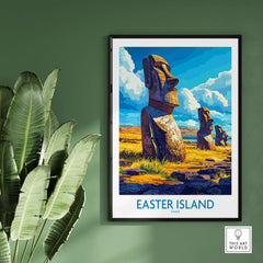 Easter Island Wall Art Print featuring iconic statues in a colorful landscape.