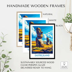 Easter Island Wall Art Print framed in natural, white, and black handmade wooden frames.
