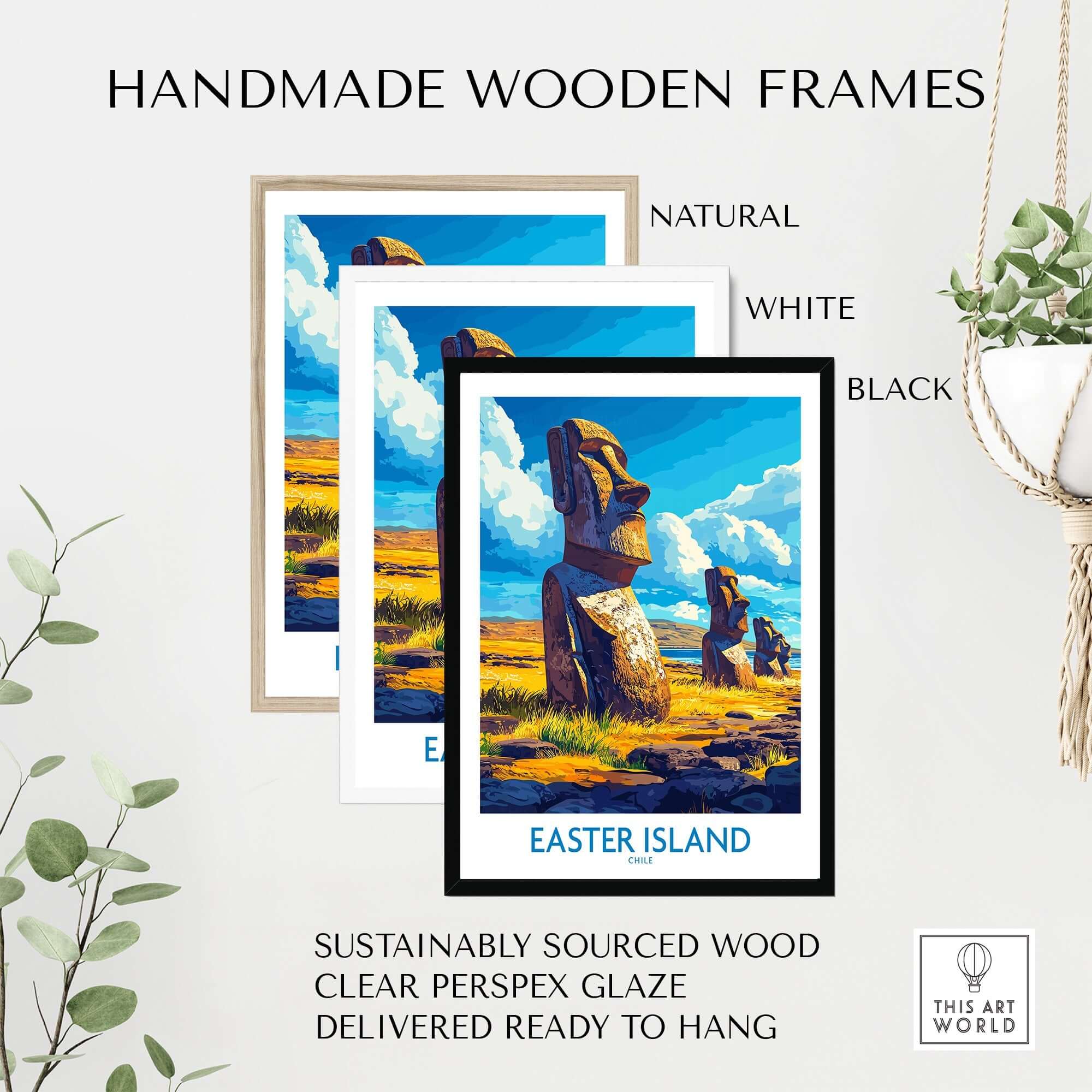 Easter Island Wall Art Print framed in natural, white, and black handmade wooden frames.