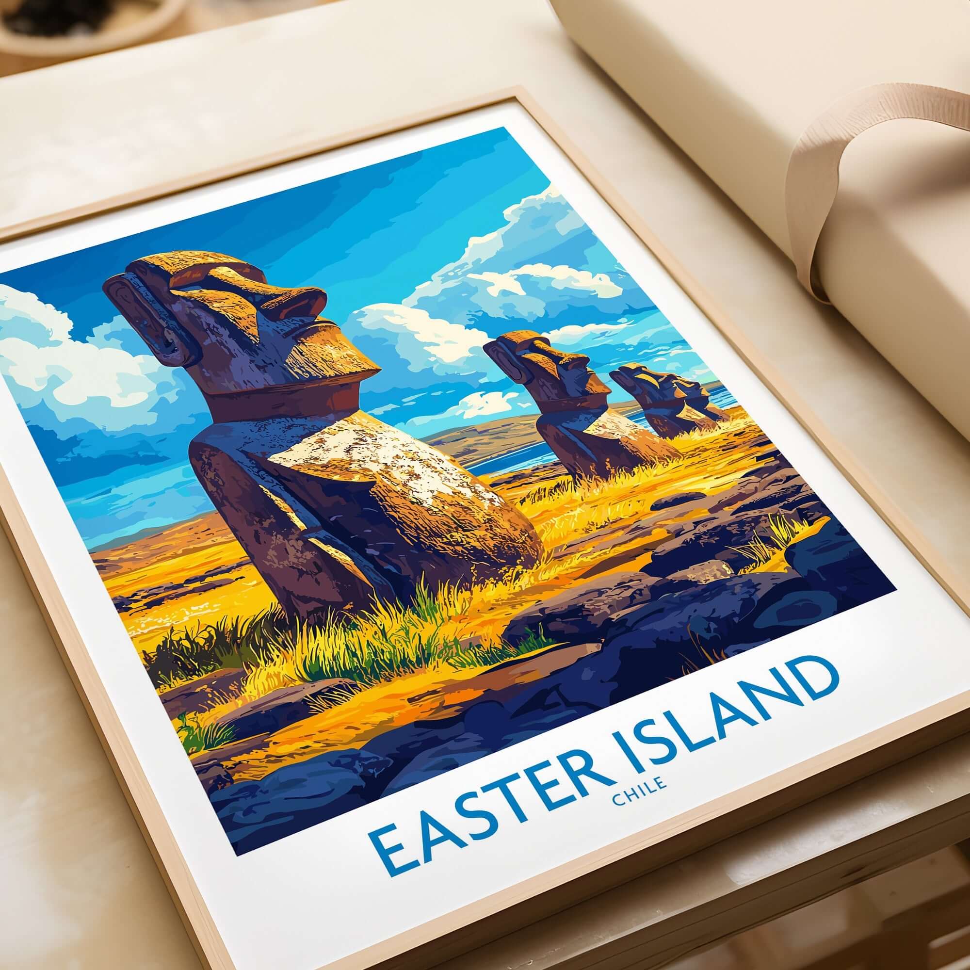 Easter Island Wall Art Print depicting iconic statues in vibrant colors, perfect for home decor and travel enthusiasts.