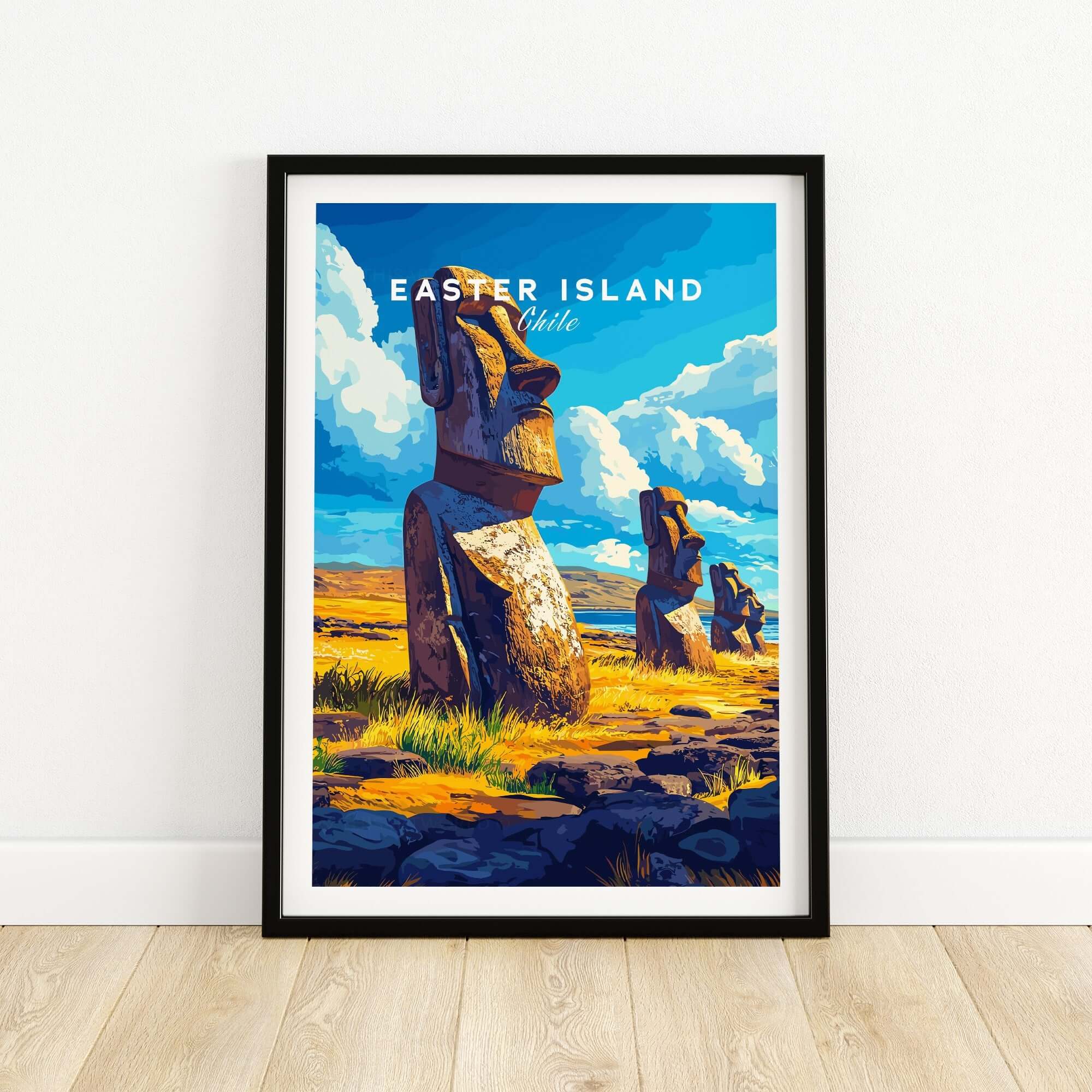 Easter Island Wall Art featuring Moai statues and vibrant colors, perfect for adding culture and history to home decor.