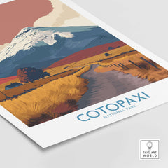 Ecuador Volcano Cotopaxi Travel Poster Road Landscape Print National Park Wall Art featuring a serene road and scenic landscape.