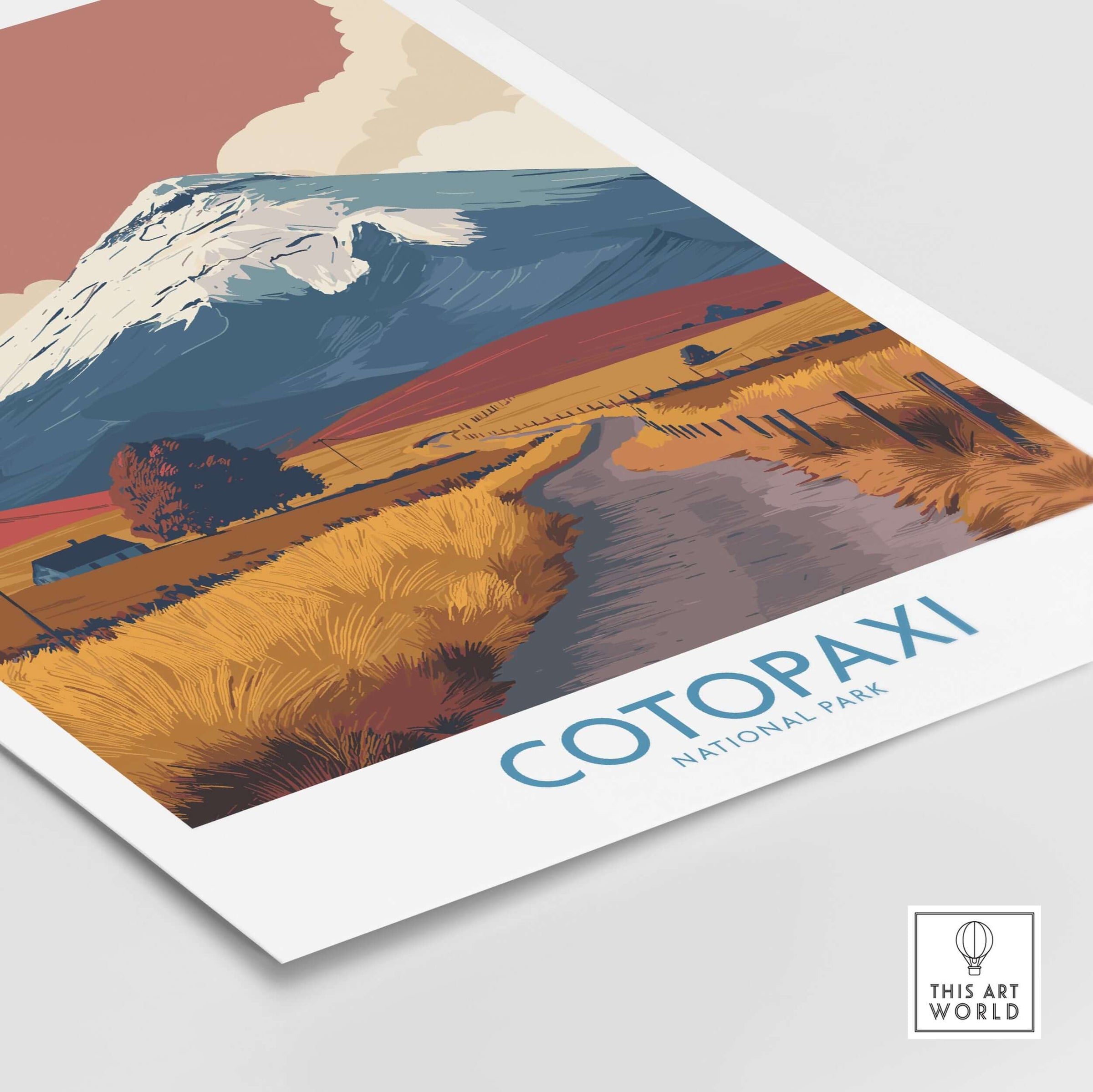 Ecuador Volcano Cotopaxi Travel Poster Road Landscape Print National Park Wall Art featuring a serene road and scenic landscape.