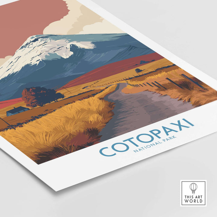 Cotopaxi National Park travel poster featuring a serene road and majestic volcano landscape artwork.