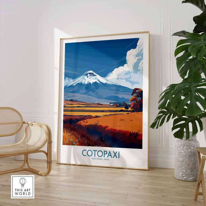 Ecuador Cotopaxi National Park landscape poster featuring the snowy Cotopaxi volcano and vibrant foreground colors.