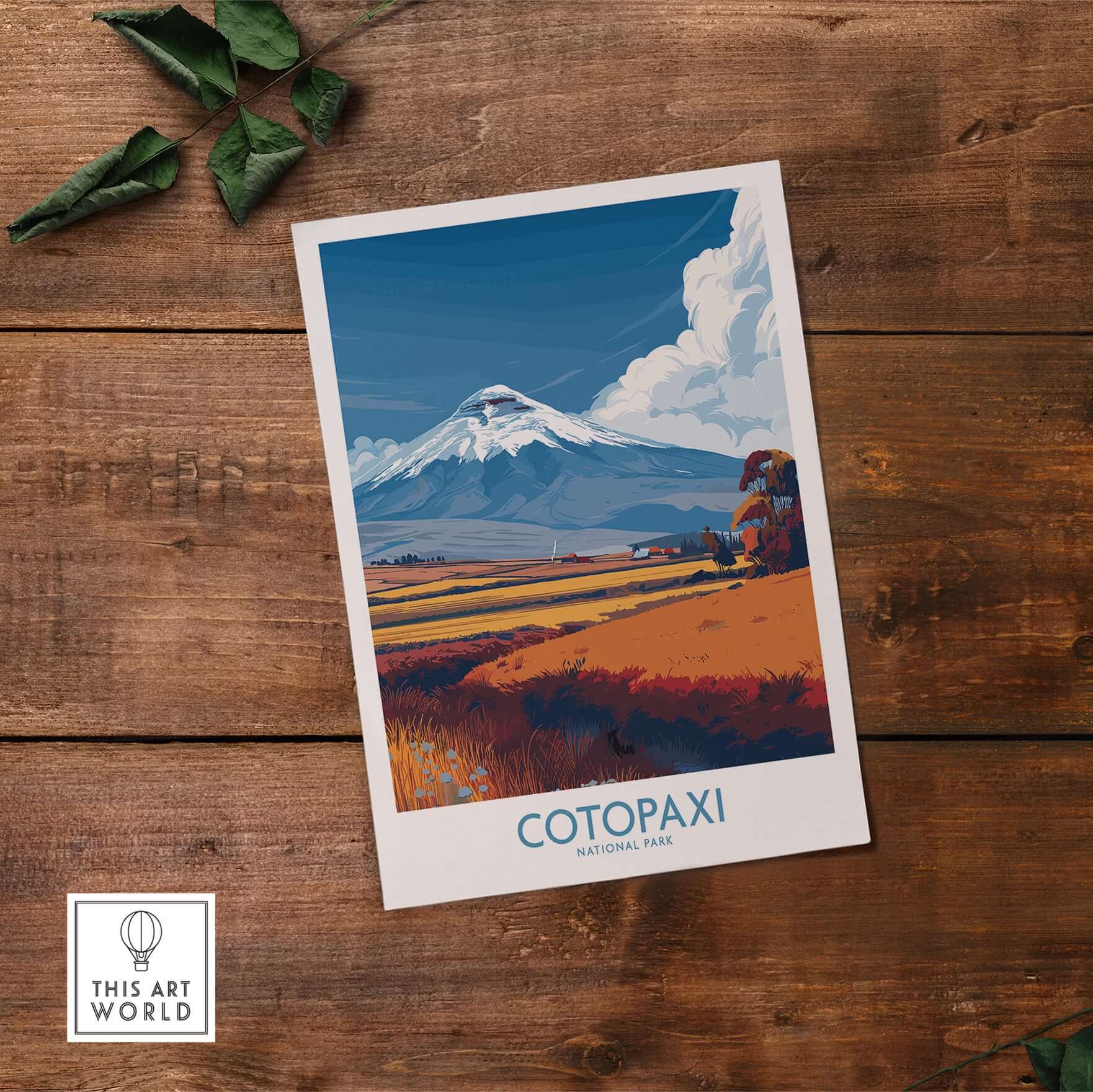 Ecuador Cotopaxi Volcano Travel Poster National Park Landscape Print Wall Art Andes featuring stunning volcano scenery.