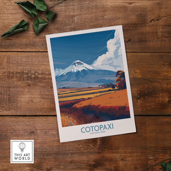 Ecuador Cotopaxi Volcano travel poster, vibrant landscape of National Park with colorful foreground and dramatic sky.