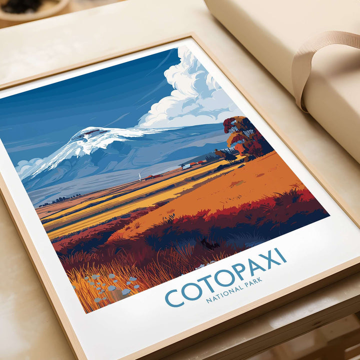 Ecuador Cotopaxi National Park travel poster featuring vibrant landscape and snowy volcano peak.