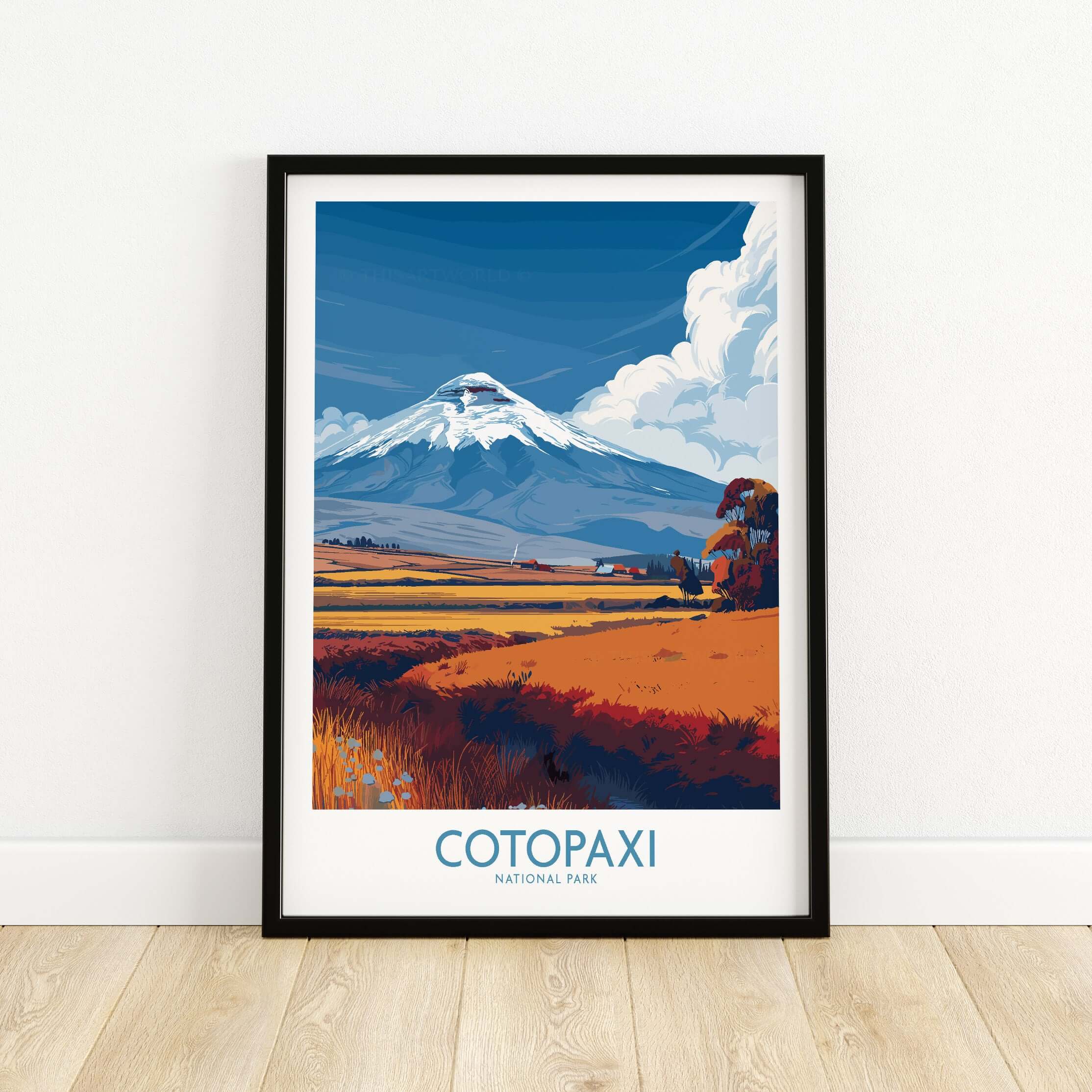 Ecuador Cotopaxi Volcano Travel Poster National Park Landscape Print Wall Art Andes featuring the majestic Cotopaxi volcano.