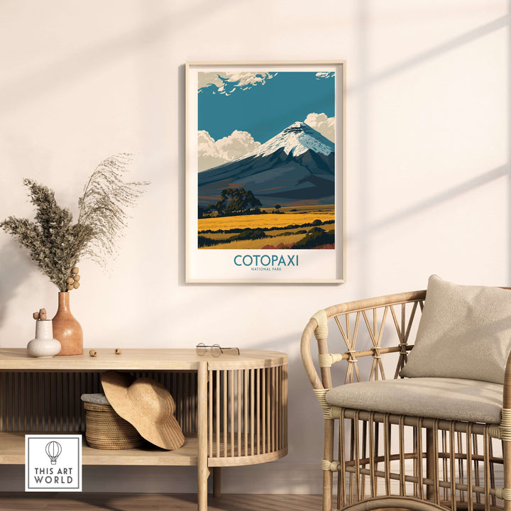Cotopaxi volcano poster in modern decor, showcasing majestic peak and grasslands, ideal wall art for travel lovers.